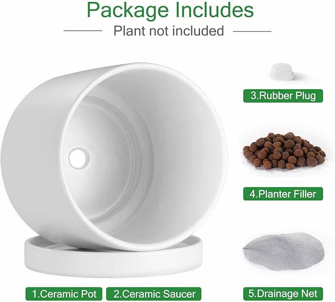 Aveyas 8 inch Ceramic Plant Pot with Drainage Hole and Saucer - Suitable for Indoor and Outdoor Use, Modern Planters for House Garden Flower Tree Snake Monstera Plants (8", Matte White)