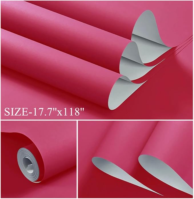 Dimoon 393''x17.7'' Pink Peel and Stick Wallpaper Contact Paper Modern Self Adhesive Wall Paper Removable Renter Friendly Textured Solid Color Shelf Cabinet Vinyl Roll (393''x17.7'',Rose Red)