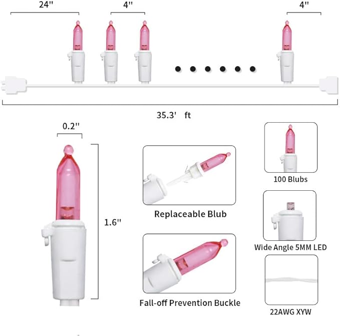 Pink Christmas LED Lights - 2 Pack 100 Count Pink Christmas String Lights for Tree, Bedroom, Wedding, Indoor/Outdoor Valentines Day Decorations, 2 Sets 33 Feet White Wire, UL Certified, Connectable