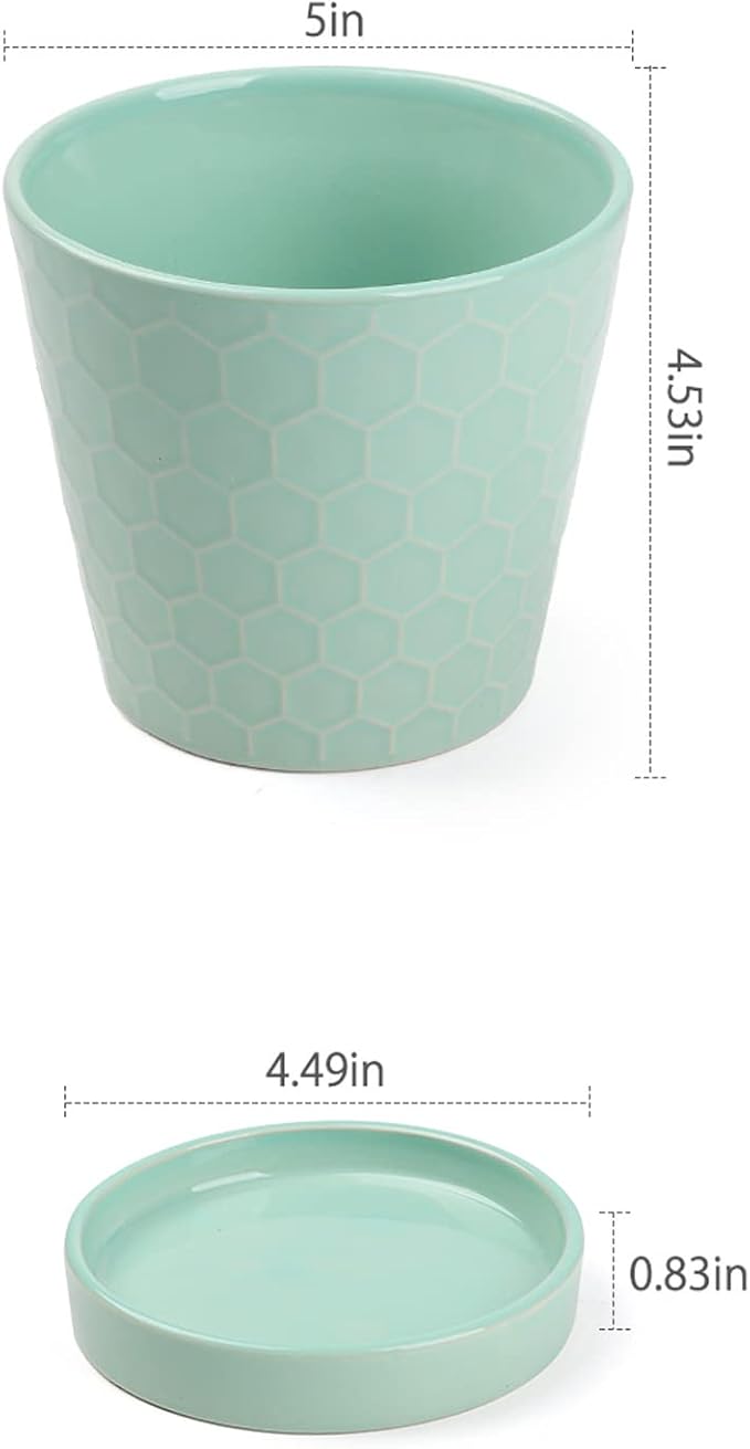 Plant Pots Indoor –5 in Ceramic Flower Pot with Drainage Hole and Ceramic Tray - Gardening Home Desktop Office Windowsill Decoration Gift, Set of 4 - Plants Not Included(Mint Green)
