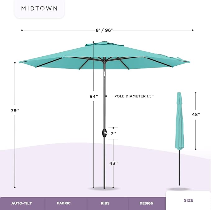 Midtown Umbrellas Sunbrella Umbrella 8 Feet Outdoor Umbrella With Sunbrella Black & White Acrylic Fabric - Auto-Tilt Aluminum Frame Patio Umbrella For Backyard, Deck, Garden, Pool - Black Pole