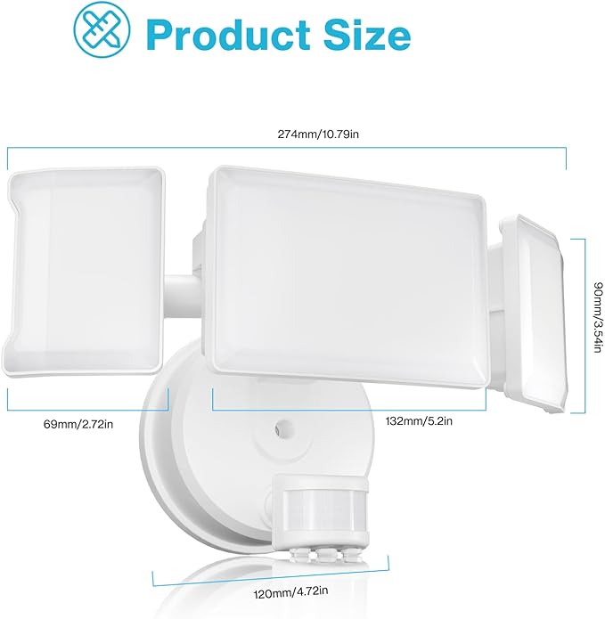 Olafus 65W Motion Sensor Outdoor Light, 2 Pack LED Security Light 6000LM, 6500K Exterior Motion Flood Light with 3 Adjustable Heads, for Outside Garage, Yard, Patio, IP65 Waterproof, White