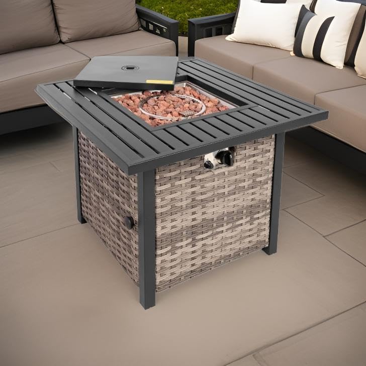 Basel Propane Fire Pit Table 30” Outdoor Firepit 50,000 BTU Firepits for Outside with Lava Rocks and Removable Lid Metal Fire Pit Outdoor Fireplace Propane Fire Pits for Outside CSA Certified