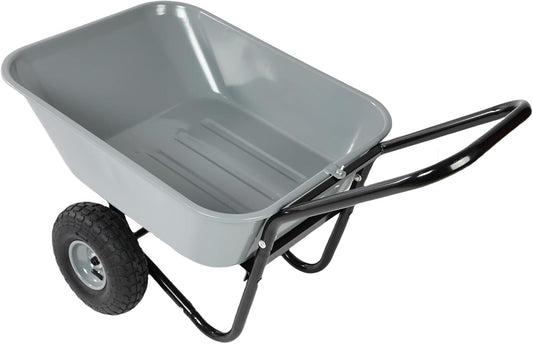 Dual Wheel Wheelbarrow, Heavy Duty Garden Cart, 300 lbs Capacity Utility Cart with Two 15 inches Pneumatic Tires for Outdoor Lawn Yard Farm Ranch (Gray)