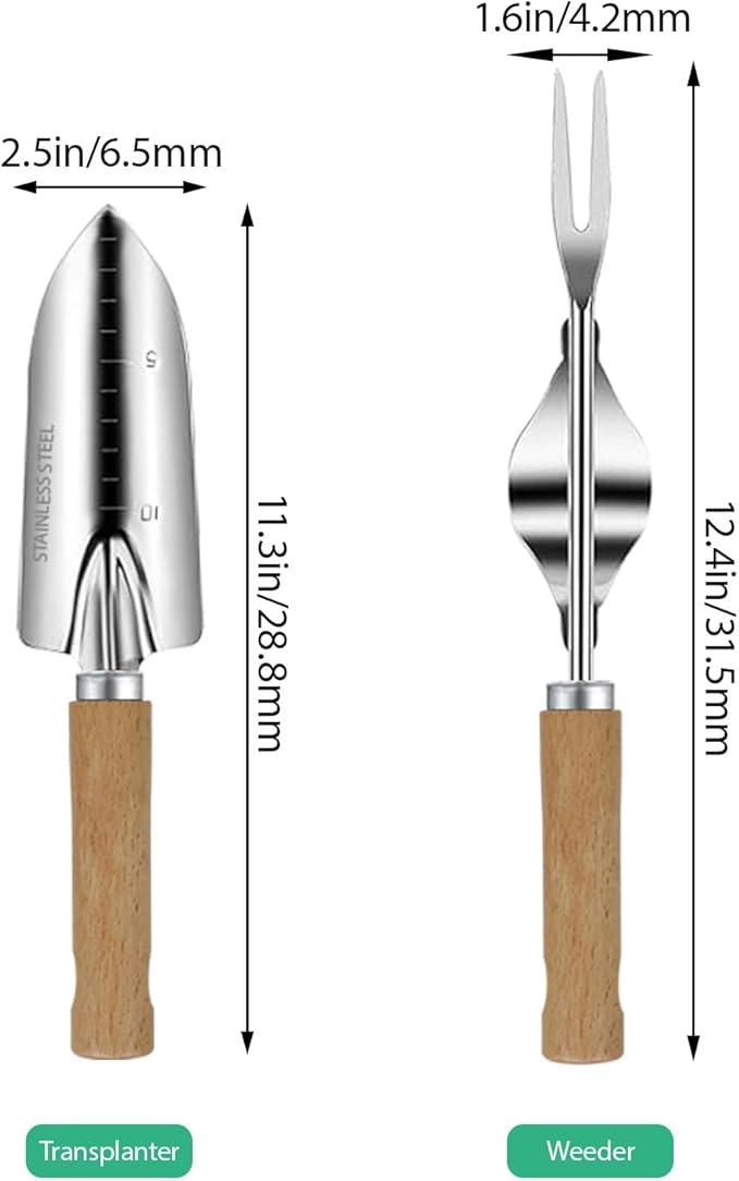 LeMotech Garden Tool Set, 2Pcs Gardening Hand Tools, Stainless Steel Transplant Shovel and Weeder with Handle, Outdoor Gardening Kit for Women Men