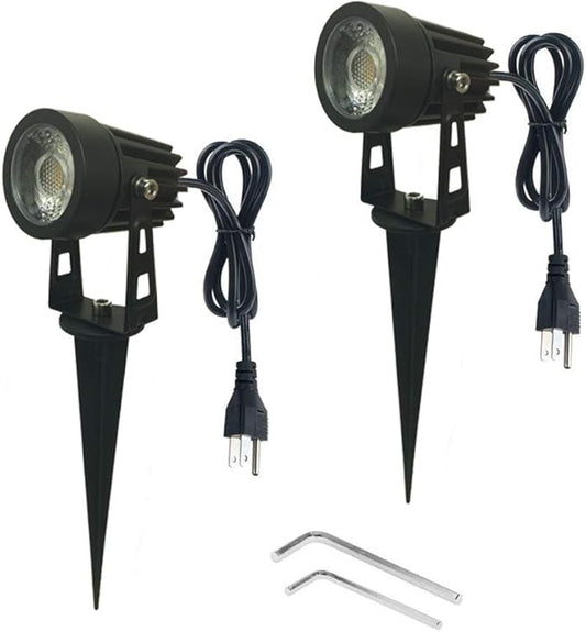 Pack of 2, Outdoor LED Landscape Lights Waterproof Spotlight with Spike Stand and Plug for Driveway, Outdoor Lawn Lighting, Flood Garden, Yard (5W Mini Cool White)