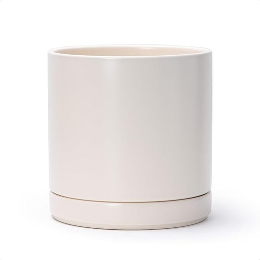 D'vine Dev 8 Inch Ceramic Planter Pot with Drainage Hole and Saucer, Indoor Cylinder Round Planter Pot, Oatmeal, 94-O-D-8