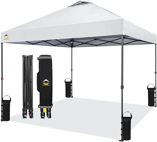 CROWN SHADES 10x10 Pop Up Canopy - Patented Center Lock One Push Instant Outdoor Canopy Beach Tent with STO-N-Go Bag 8 Stakes & 4 Sand Bags，White