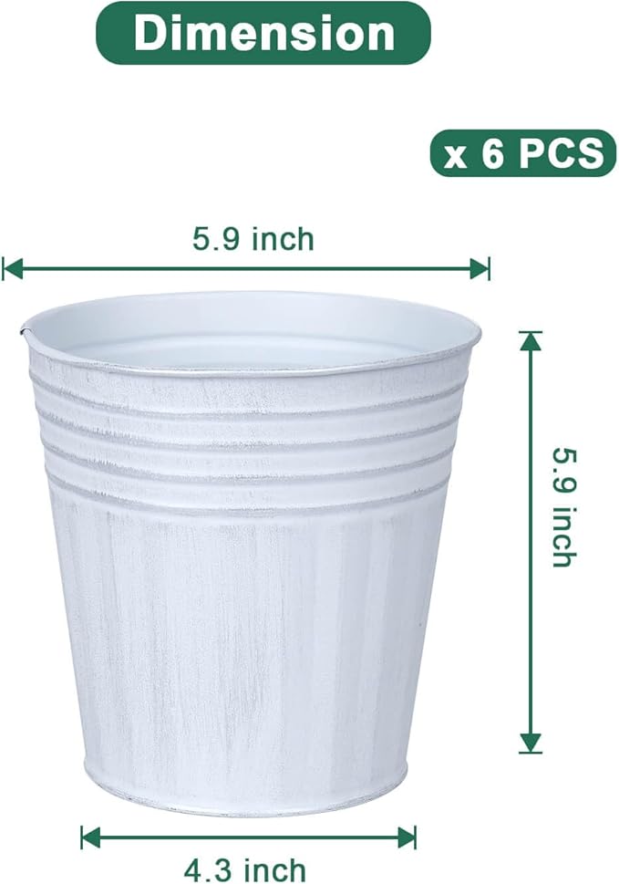 vensovo 6 Inch White Metal Rustic Flower Pots - 6Pcs Galvanized Planters with Drainage Hole and Rubber Plug, Rustproof Metal Bucket Plant Pots Farmhouse Vintage Style for Decor