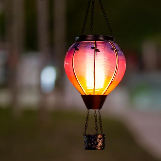Starsoul Glass Solar Hot Air Balloon Flickering Flame Hanging Garden Light Purple Hot Air Balloon Solar Lantern with Large Basket Waterproof Hot Air Balloon Solar Lamp Decor