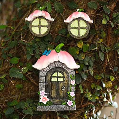 Fairy Gnome Home for Tree Decor，Glow in Dark Fairy House Have Window and Door for Garden Decoration，Fairies Sleeping Door and Windows, Yard Art Garden Sculpture, Lawn Ornament