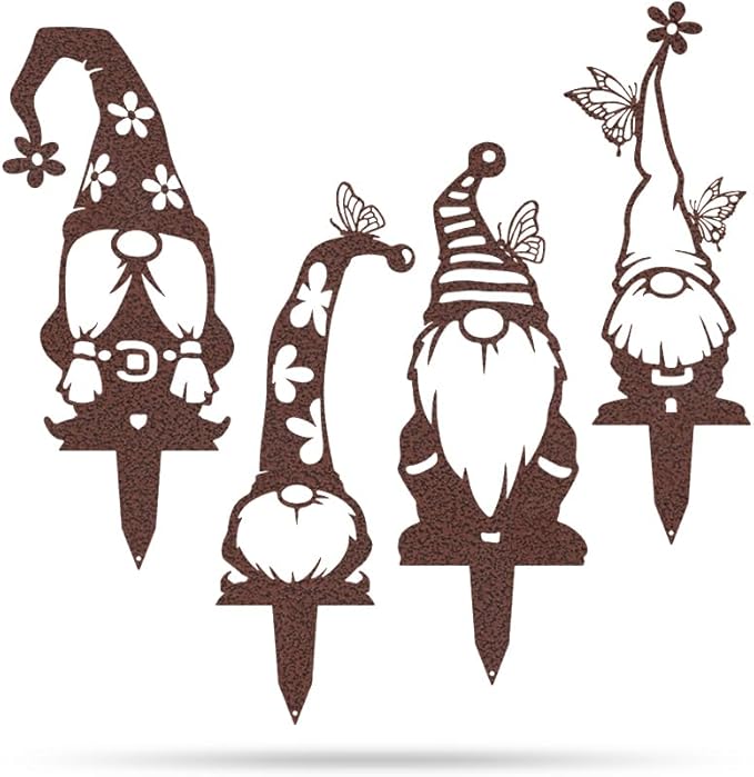 RealSteel Metal Garden Gnomes Outdoor – Steel 4 Pack Lawn Ornaments & Statues, Funny Yard Decor, Weatherproof Garden Decoration, Gift for Gardeners (Penny Vein)