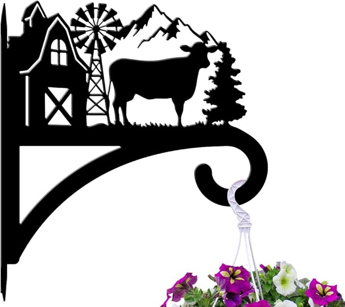 peacoblue Iron Plant Hangers Hooks for Outdoor Indoor Hanging Plants Flower Fern Pots Lantern Bird Feeder,11.8"x13.6" Weather Resistant Metal Wall Holder for Porch Garden Farmhouse(Farm Cow)