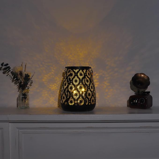 TRIROCKS Moroccan Style Metal Lamp 8''H Battery Operated Cordless Table Lamp Vintage Lantern for Living Room Garden Yard Patio Parties Event Indoors Outdoors (Black with Gold Brush)