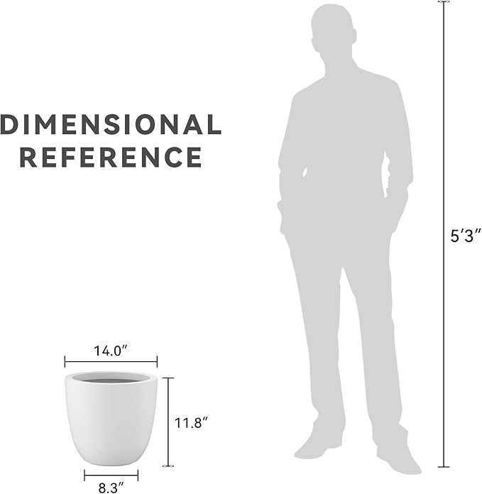 Kante 14 Inch Dia Round Concrete Planter, Indoor Outdoor Large Plant Pot with Drainage Hole and Rubber Plug for Home Patio Garden, Pure White