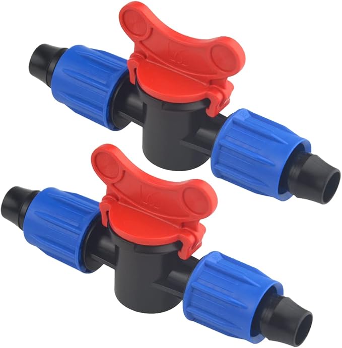 10Pack 1/2 Inch Drip Irrigation Shut-Off Valve Universal Drip Irrigation Tubing Coupling Valve Drip Connector Fitting Compatible with 16 to 17 mm Drip Tape Tubing Sprinkler System (Blue Red)