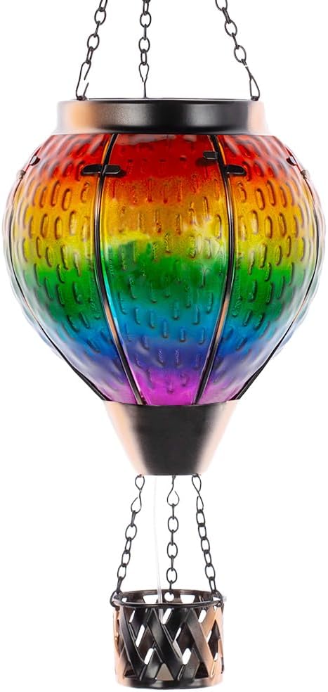 DREAMSOUL Hot Air Balloon Solar Lantern with Candle Holder, Glass Hanging Solar Lantern with Flickering Flame, Solar Lanterns Outdoor Waterproof for Lawn, Patio, Porch, Tree Decor