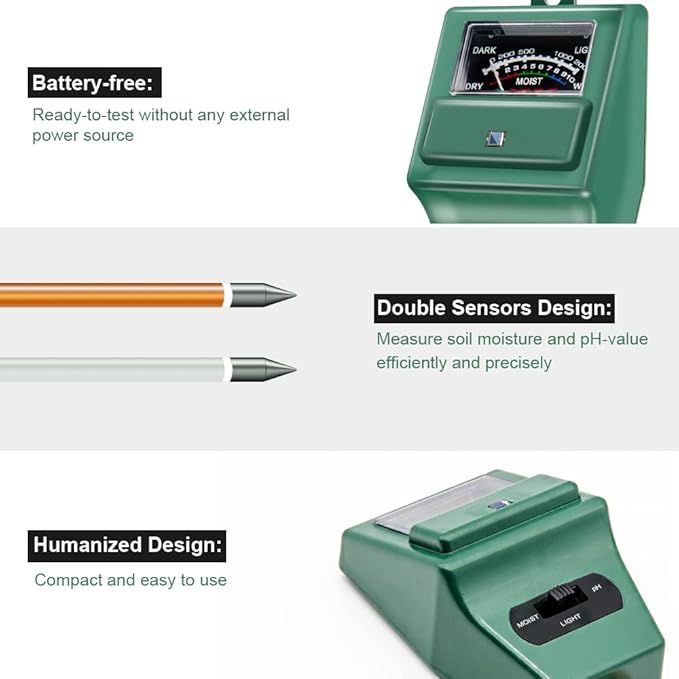 Soil pH Meter, MS02 3-in-1 Soil Moisture/Light/pH Tester Gardening Tool Kits for Plant Care, Great for Garden, Lawn, Farm, Indoor & Outdoor Use (Green)