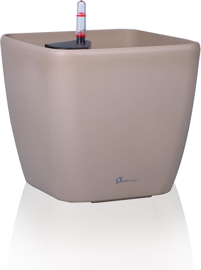 Dexceder 13x12 Self Watering Planter with Wheels Indoor Outdoor, Inner Mat Design, Thickened Large Floor Standing Flower Plant Pot with Water Level Indicator (Taupe Matte)