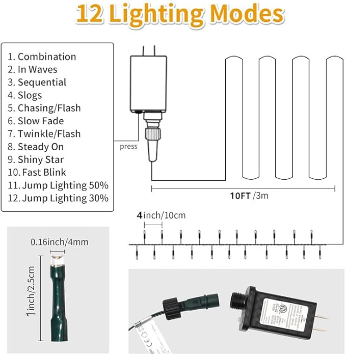 Christmas Light 1000 LEDs 336ft Green Cable Wire Fairy String Tree Twinkle Lights Plug in 12 Modes for, Outdoor, Garden, Wedding, Christmas Party, Home Decoration (Warm White)