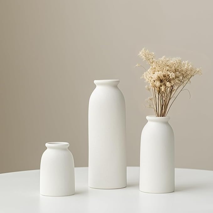 Ceramic Vase Set-3, Small Flower Vases for Decor, Modern Boho Farmhouse Style, Decorative Shelf Vases for Pampas Grass & Dried Flowers, Distressed Finish (White)