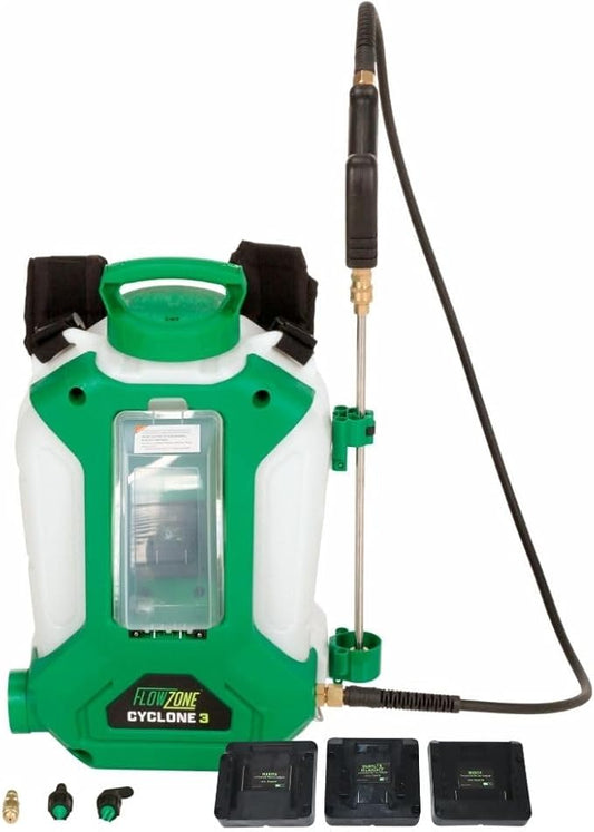 FlowZone Cyclone 3 Battery Powered Backpack Sprayer - Variable-Pressure 5-Position Electric Sprayer Compatible with FlowZone, De-Walt, Milwaukee, Makita, & Bosch Batteries (Battery Not Included)