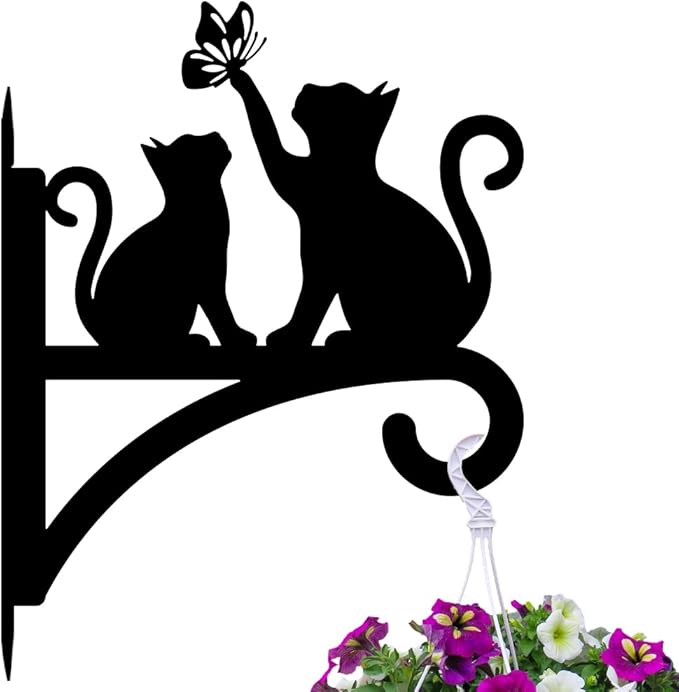 Peacoblue Iron Plant Hangers Hooks for Outdoor Indoor Hanging Plants Fern Pots, Lantern, Bird Feeder, Wind Chimes, 12”x14” Cat Weather Resistant Metal Wall Brackets Holder for Porch, Garden, Home(Cat)