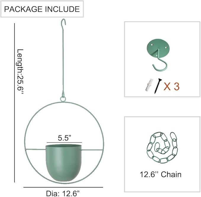 Metal Hanging Planter for Indoor Outdoor Plants Wall and Ceiling Hanging Basket for Vines Ferns Modern Minimalist Plant Hanger Room Window Decor(Green)