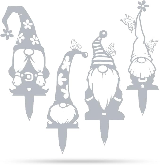 RealSteel Metal Garden Gnomes Outdoor – Steel 4 Pack Lawn Ornaments & Statues, Funny Yard Decor, Weatherproof Garden Decoration, Gift for Gardeners (Textured Silver)