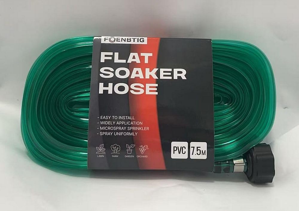 PVC Flat Soaker Hose drip Garden Vegetable Water Hose Irrigation Spray Hose Double Connector with Holes (25FT)