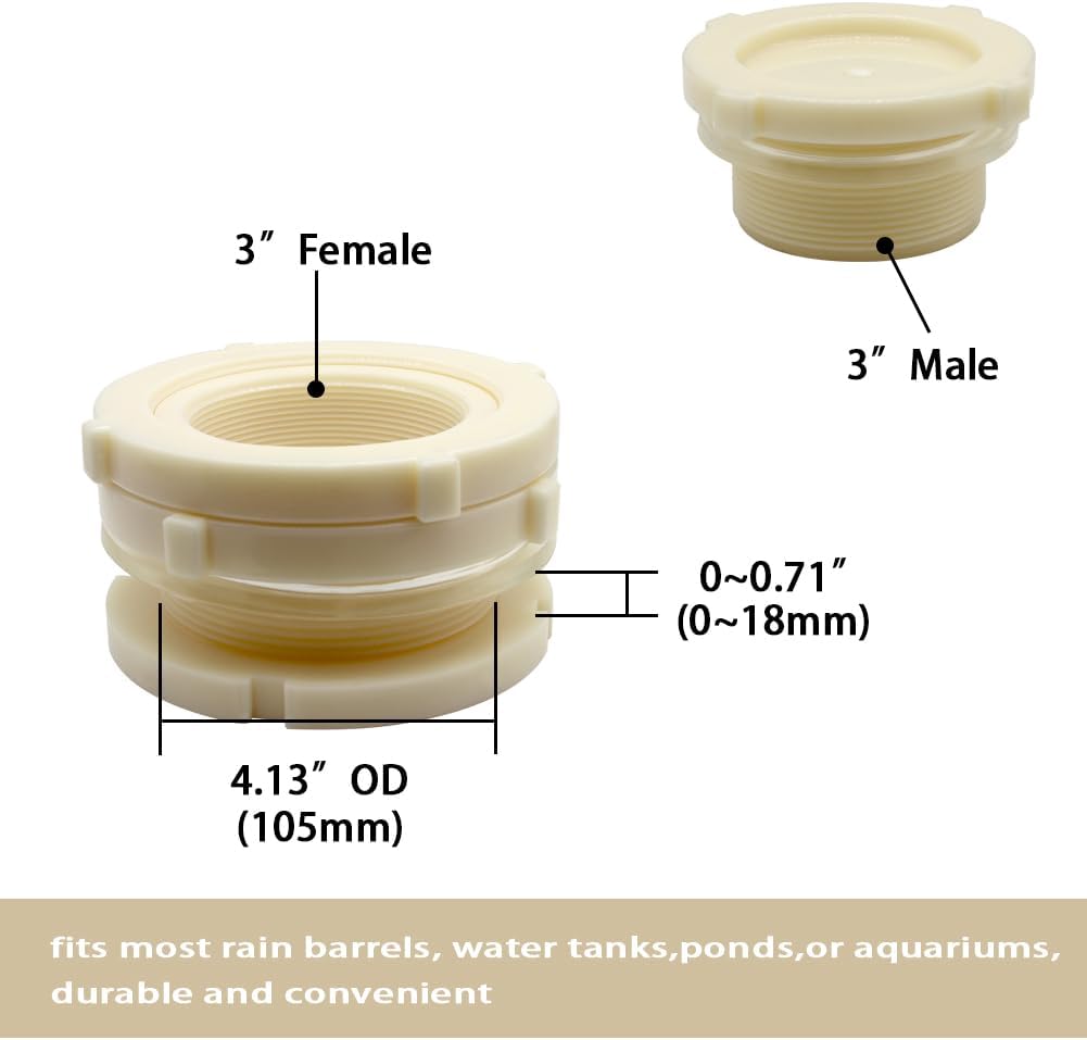 3" Female ABS Bulkhead Fitting, Plastic Water Tank Connector Adapter Fitting with Plugs for Outdoor rain Barrel Garden Hose Adapter Spigot kit Water Tank Gallon Drain Bucket(Set of 1)