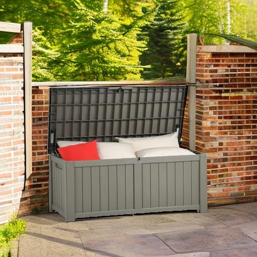 YITAHOME 120 Gallon Outdoor Storage Deck Box, Large Resin Patio Storage for Outdoor Pillows, Garden Tools and Pool Supplies, Waterproof, Lockable (Light Brown)