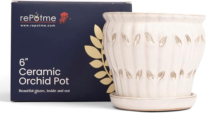 rePotme Orchid Pot - 6 inch Ceramic Pot with Holes, Pinwheel Fluted (White Diamond) - Includes Free 6 inch Slotted Liner