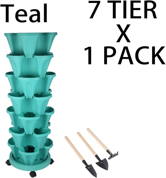 Vertical Planter 7 Tier Stackable Planters Garden Planters Strawberry Herb Flower and Vegetable Planter Indoor Outdoor Gardening Pots with Removable Wheels and Tools