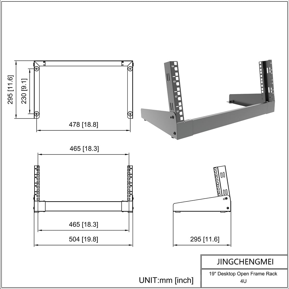 JINGCHENGMEI 4U Desktop Network Rack 19 inches Small Open Frame Rack 2 Post Free-Standing Tabletop Rack for Server, Patch Panel, Data, AV, IT,Studio or Networking Equipments (4U)
