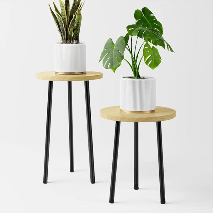 Plant Stand Indoor Tall: Corner Wood Plant Stand 2 Pack Mid Century Modern Decor - Small Round Plant Table for Indoor Plants - Outdoor Plant Holder for Patio Living Room Bathroom Office (Burlywood)