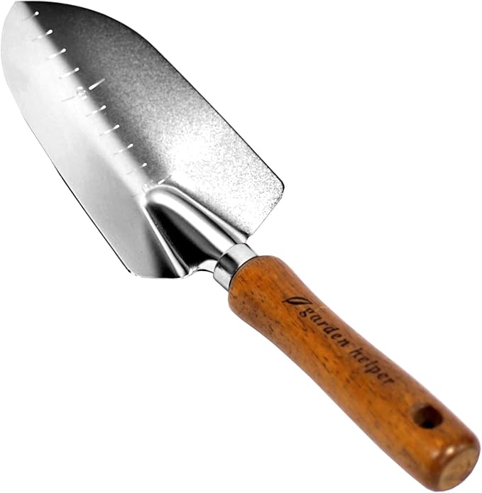 Japanese Garden Trowel Heavy Duty Japanese Steel with Wood Handle, Garden Transplanter Tool for Digging, Scooping, Transplanting, Made in Japan, Large Silver