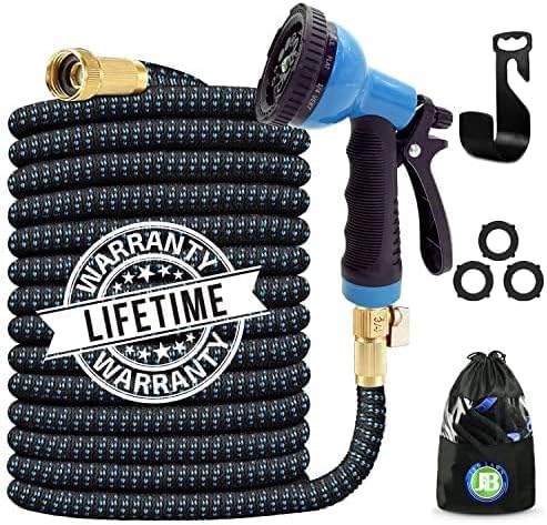 J&B XpandaHose 100ft Expandable Garden Hose with Holder - Heavy Duty Superior Strength 3750D - 4 -Layer Latex Core - Extra Strong Brass Connectors and 10 Spray Nozzle w/Storage Bag (Blue 100)