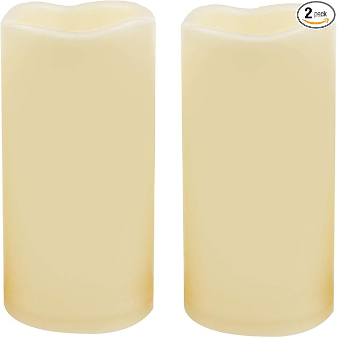 2 Waterproof Outdoor Battery Operated Flameless LED Pillar Candles with Timer Flickering Plastic Resin Electric Decorative Light for Lantern Patio Garden Home Party Wedding Decorations 3x6 Inch