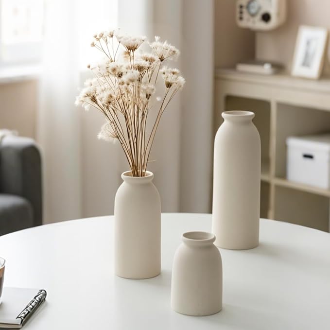Ceramic Vase Set-3, Small Flower Vases for Decor, Modern Boho Farmhouse Style, Decorative Vases for Pampas Grass & Dried Flowers, Distressed Finish (Beige)