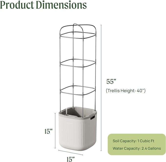 Vego garden Planters for Outdoor & Indoor Plants, Large Plant Pots with Self Watering, 15" Tall Large Plant Pots with Trellis for Flowers Plants Decor, Cream White