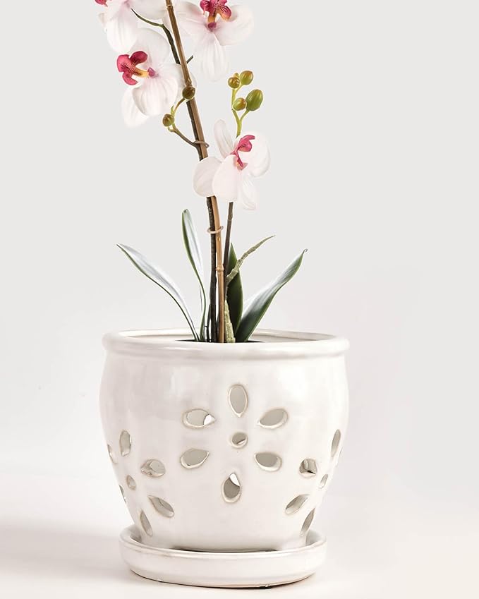 vensovo 5 Inch Ceramic Orchid Pots with Holes and Saucers - 1 Pcs Small Succulent Pot for Repotting, Garden Flowerpots for Plants Indoor and Outdoor Promotes Air Circulation, White