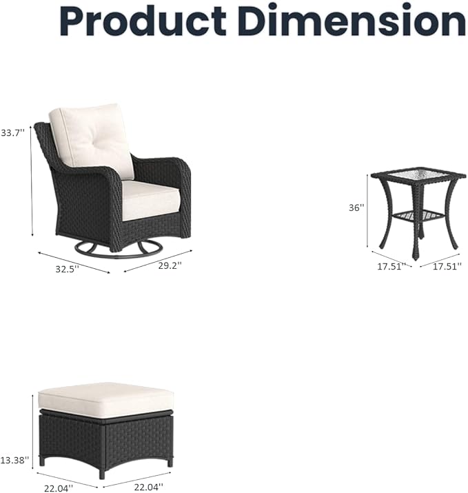 5 Pieces Outdoor Patio Furniture Sets with Rocking Swivel Chairs with 6-inch Thick Cushion and Side Table for Deck Lawn