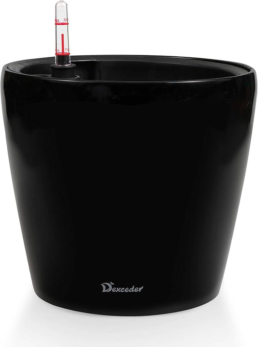 Dexceder 9x8 Inches High Gloss Self Watering Planter Indoor Outdoor, Inner Pot Design, Thickened Table Flower Plant Pot with Water Level Indicator (Black)