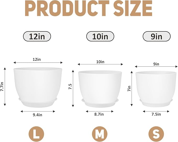 Plant Pots 12/10/9 inch Set of 3, Flower Pots with Multi Mesh Drainage Holes, Large Planters for Indoor Outdoor Garden Plants and Flowers. (White)