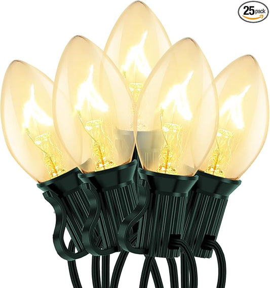 C7 Clear Christmas Lights, 25Ft Outdoor Christmas String Lights with 27 Warm White Incandescent Bulbs, Connectable Vintage Christmas Lights for Outdoor Patio Christmas Party House Decorations, Green