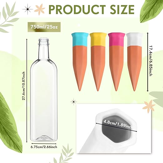 4 Pack Plant Watering Devices, Terracotta Self Watering Spikes with 25 oz Plastic Wine Bottles, Slow Release Plant Waterer Self Watering Planter for Vacation Indoor Outdoor Plant
