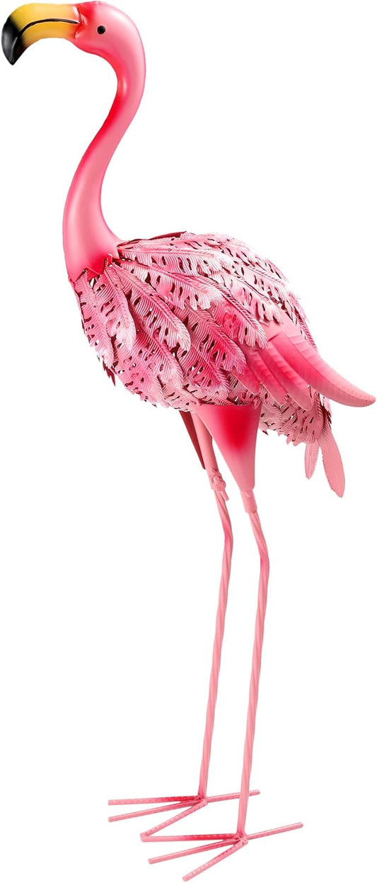 Garden Statues Flamingo Sculptures Metal Yard Art, Pink Bird Art Outdoor Backyard Decor Patio Lawn Porch Ornament Flamingo Yard Decoration (Pink with White)