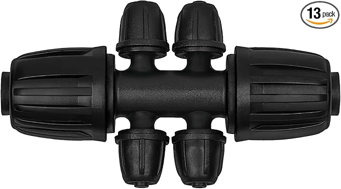 13 Pcs Drip Irrigation Fittings for 1/2 Inch Tubing (1/2" ID x 0.65" OD) to 1/4 Inch Irrigation Tubing, Locked Barbed 1/2" to 1/4" Reducing Tee Connector Drip Line Parts