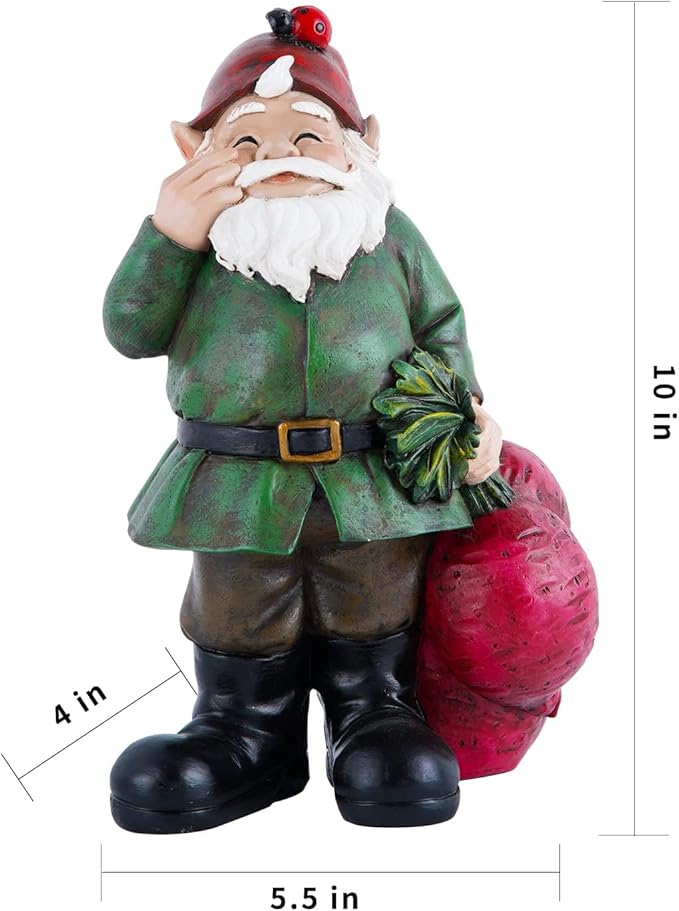 Topadorn Gnomes Figurine Resin Sculpture Garden Gnome Drag a Brunch of Radishes Statue with a Ladybug for Outdoor Garden Decor, Radish Harvest 10 Inch
